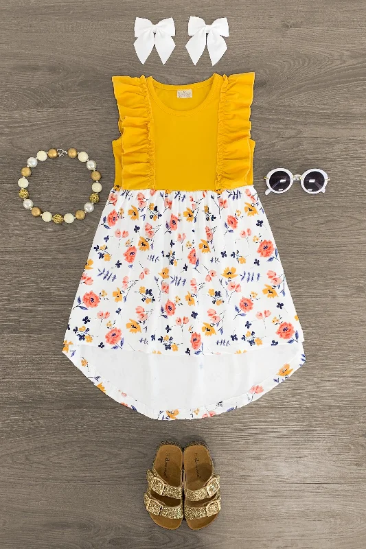 Plunging Neckline DressWhite & Mustard Floral Hi-Low Dress