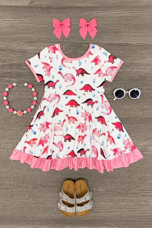 Ball Gown DressWhite & Pink Dinosaur Ruffle Dress