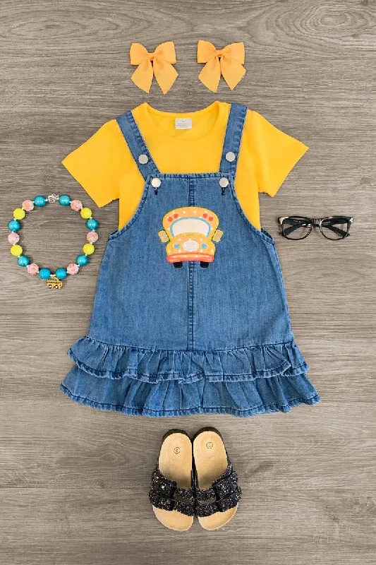 Custom DressYellow Bus Denim Overall Dress Set