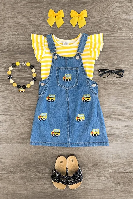 Velvet DressYellow Bus Striped Jumper Dress Set