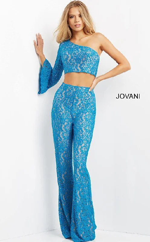 women's jumpsuits for bohemian chicJovani 08693 One Shoulder Two Piece Lace Jumpsuit